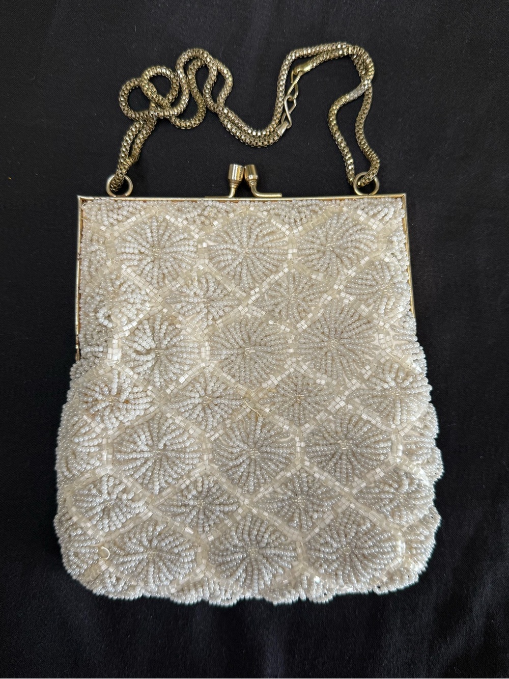 Vintage Beaded Handbag White Hand Made in Hong Kong